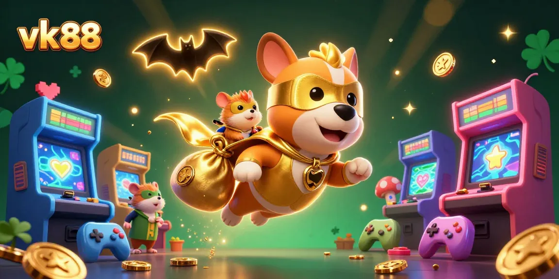 Engage with vk 88's vibrant casino adventure featuring a superhero dog and hamster on a treasure hunt.