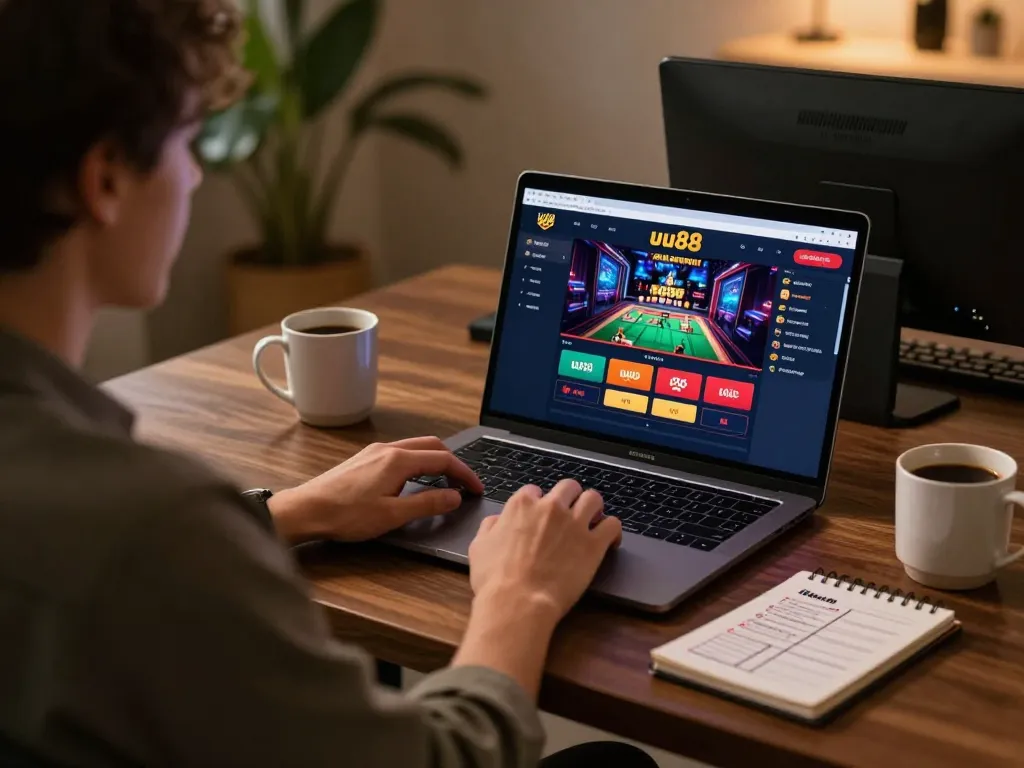 Engaging in strategic gameplay on uu88 online casino with stylish workspace setup.