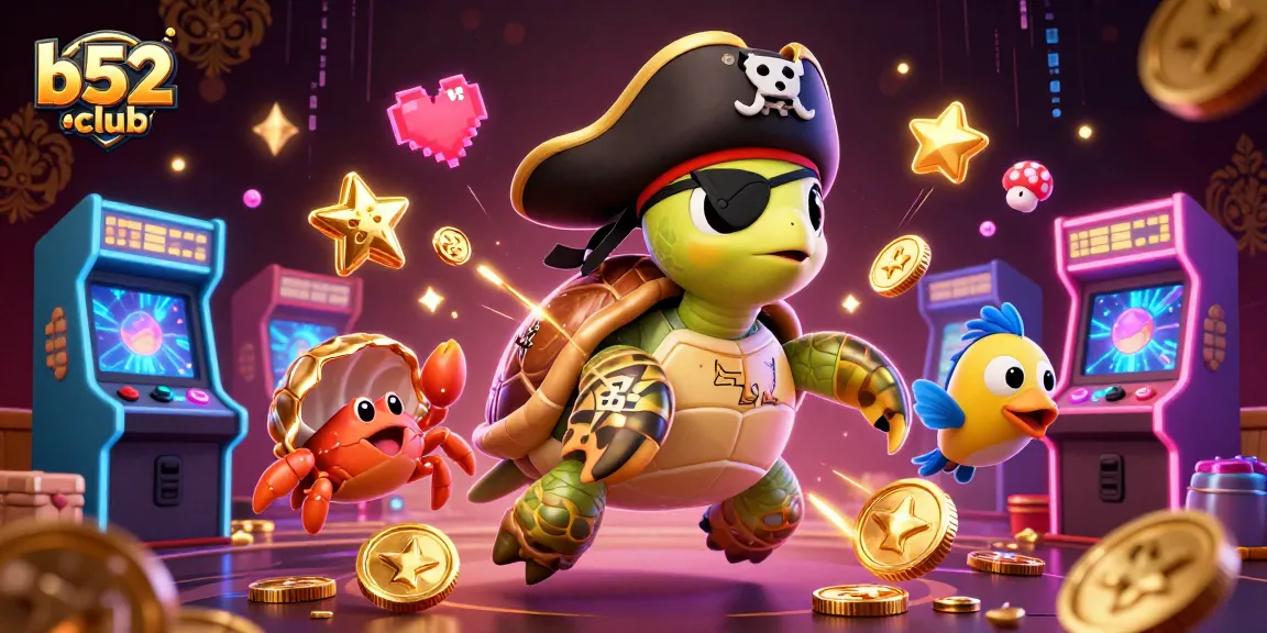 Engage with the vibrant b52club atmosphere, featuring a pirate turtle and treasure amidst dynamic arcade elements.