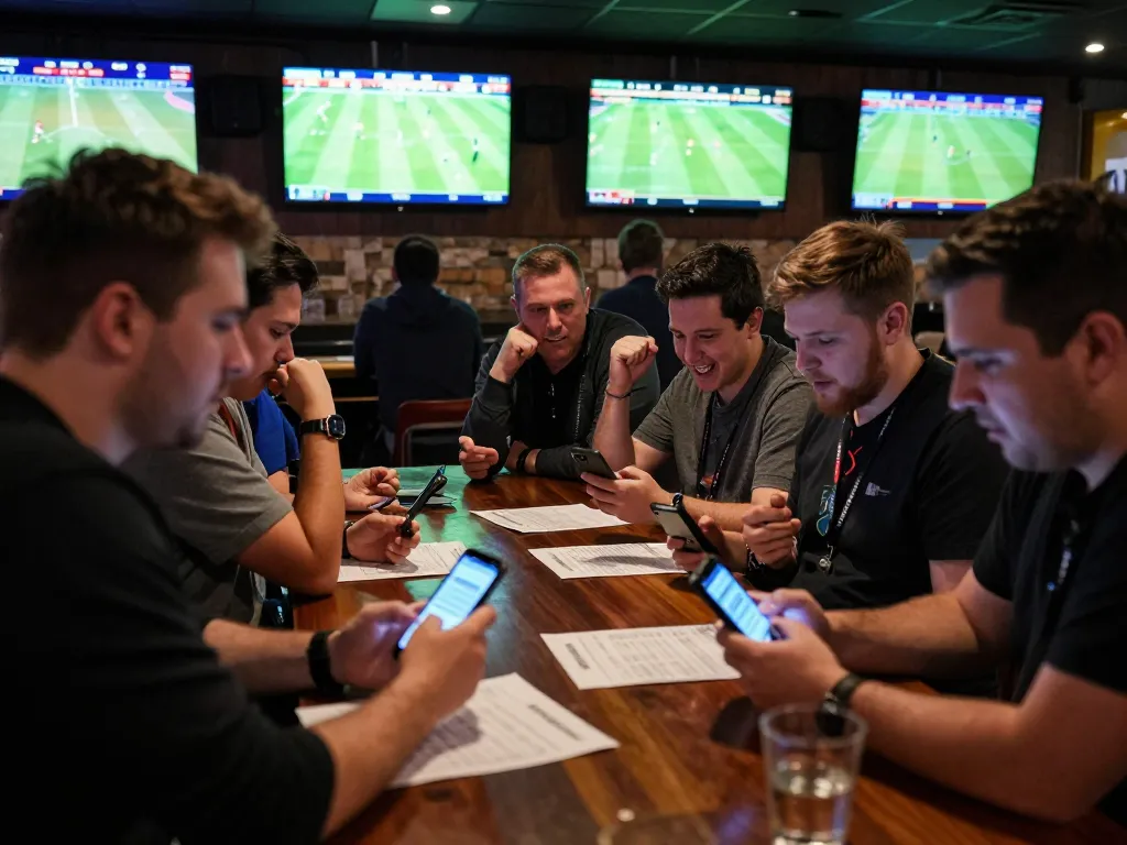 Betting enthusiasts engaging with nhandinhkeonhacai at a bustling sports bar during live matches.