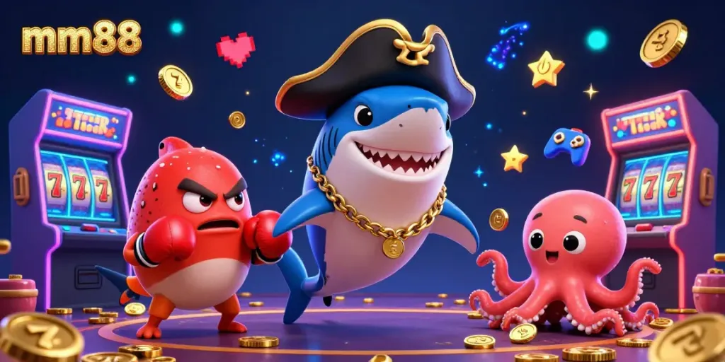 Experience thrilling gameplay with mm88 in this vibrant casino illustration featuring animated characters and slot games.