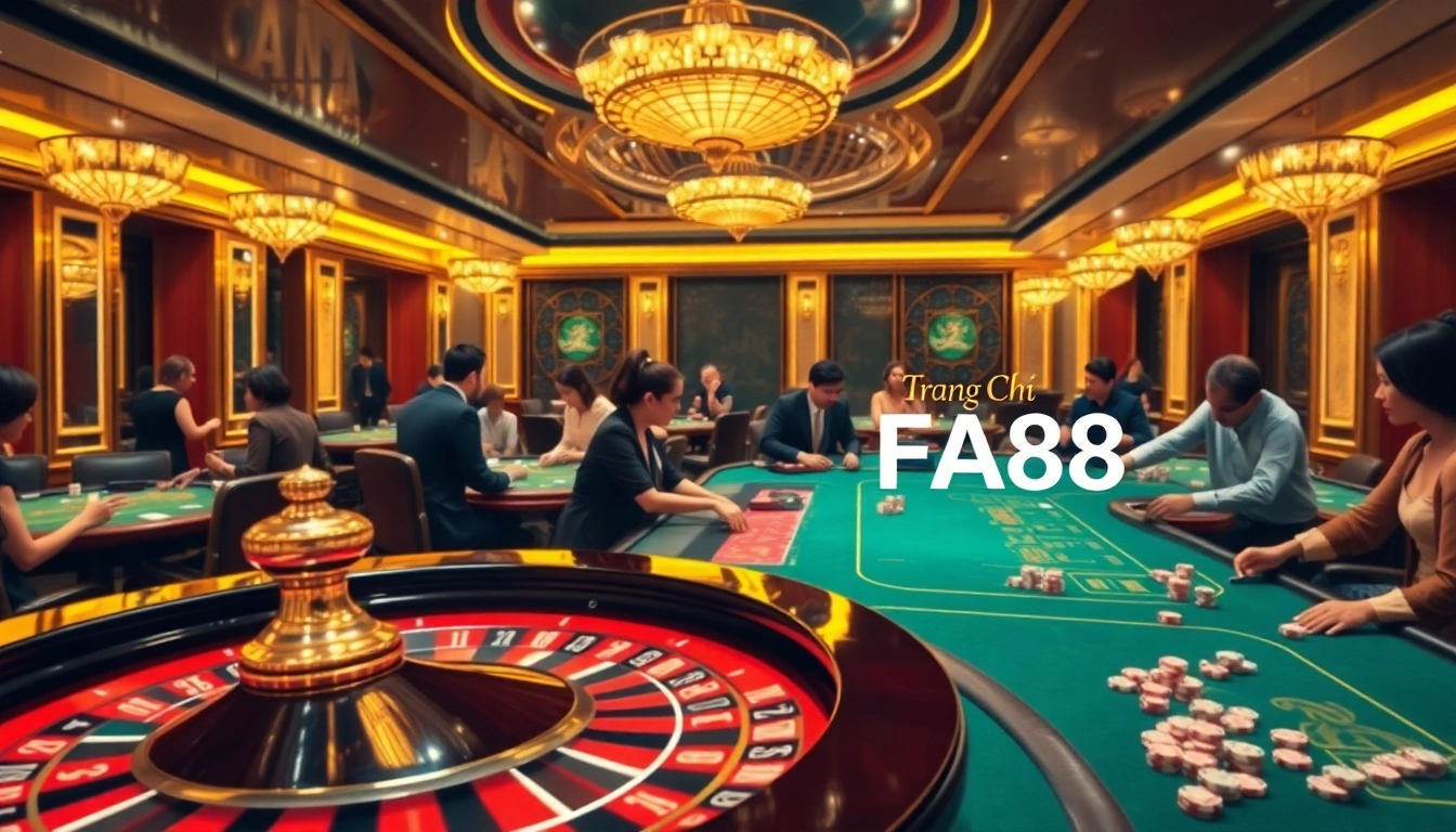 Players enjoying exciting games at the trang chủ fa88 online casino, featuring poker and roulette tables.