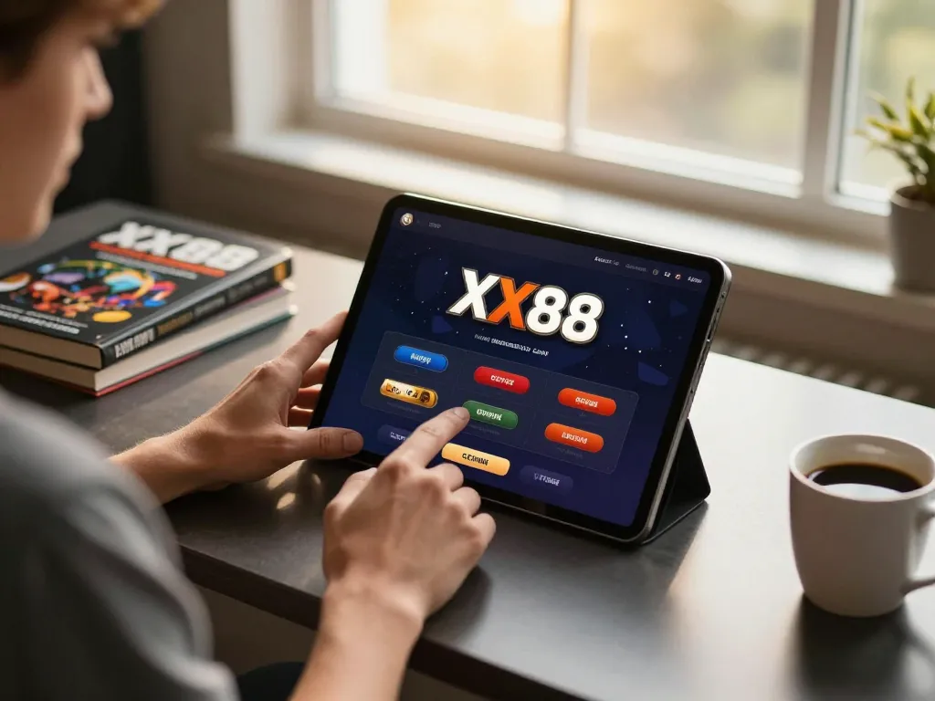 Player engaging with the XX88 casino app on a sleek tablet in a cozy gaming environment.