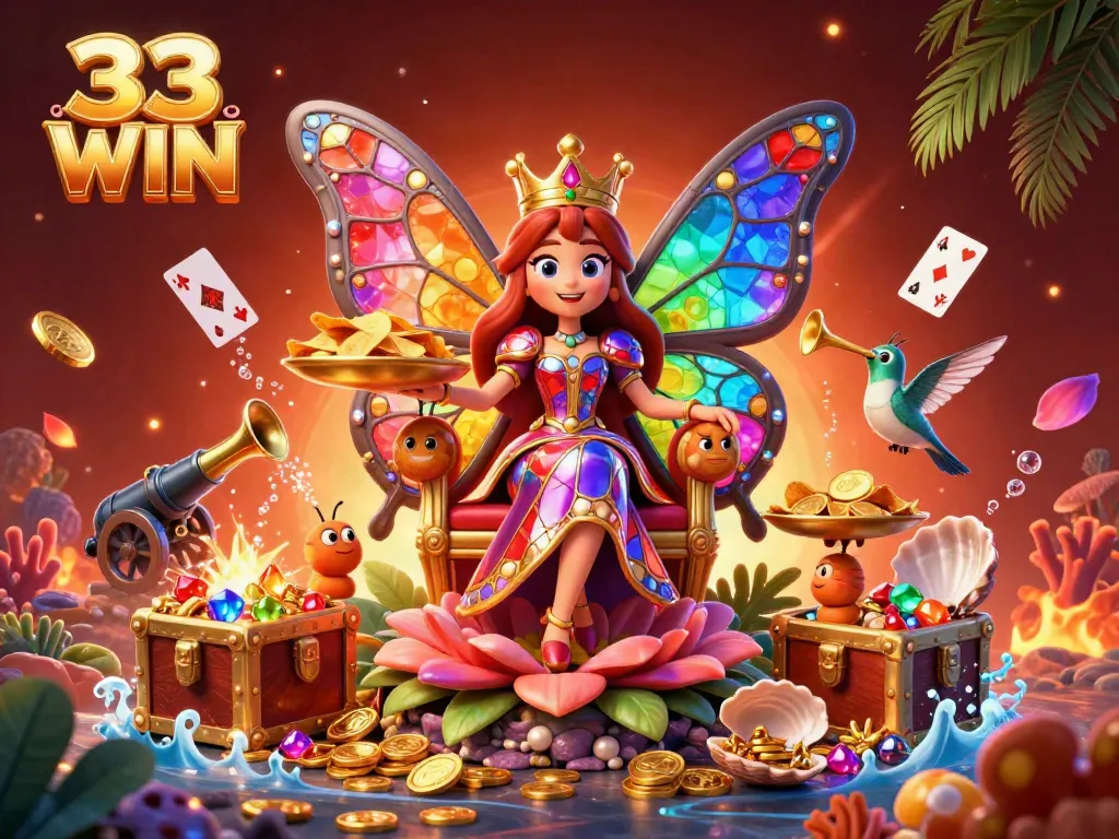 Experience the excitement of the underwater casino realm with 33 WIN’s colorful butterfly queen, treasure chests, and dynamic game elements.