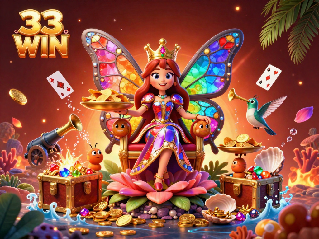 Experience the excitement of the underwater casino realm with 33 WIN’s colorful butterfly queen, treasure chests, and dynamic game elements.