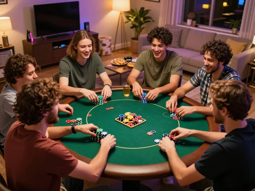 Friends enjoying poker night at home, showcasing 68gamebaivn's social gaming experience.