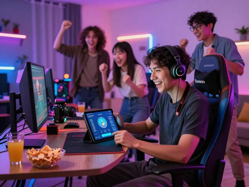 Engaging moment for gamers downloading tải sunwin on tablets in a lively living room, showcasing immersive gaming experience.