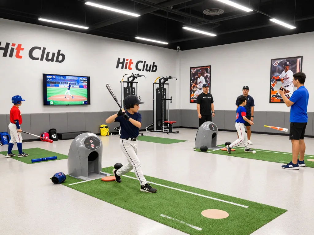 A young athlete at a hit club training facility practicing baseball skills with advanced technology.