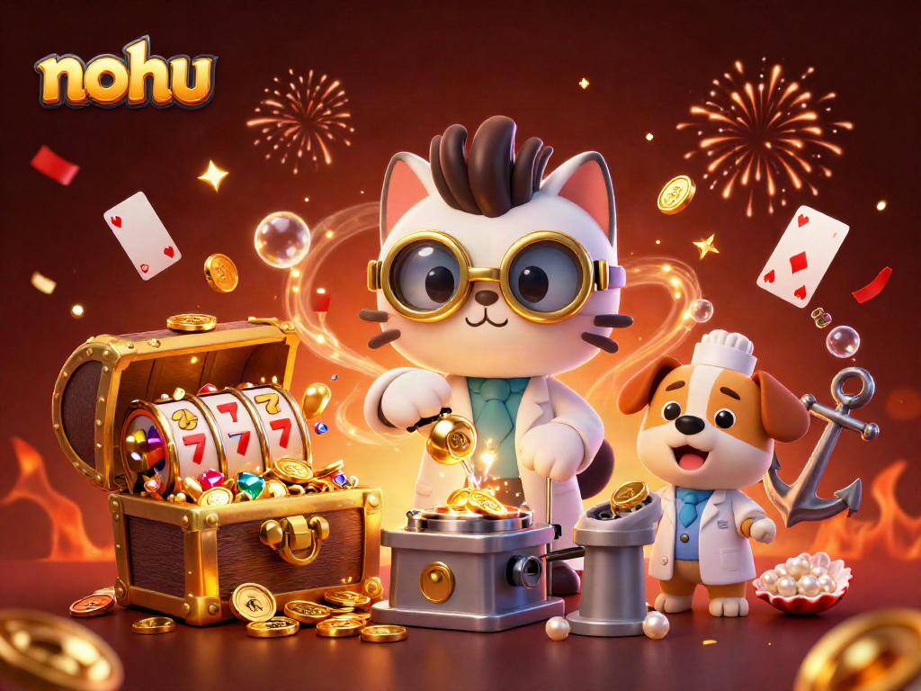 Nohu showcases an exciting casino scene with a mad scientist cat and a dog assistant creating gold coin replicas.