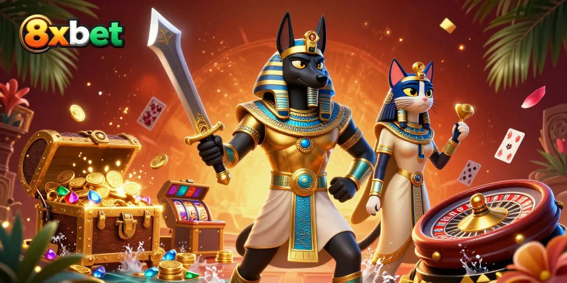Experience the excitement of casino gaming with 8xbet's vibrant illustration showcasing Anubis and Bastet.