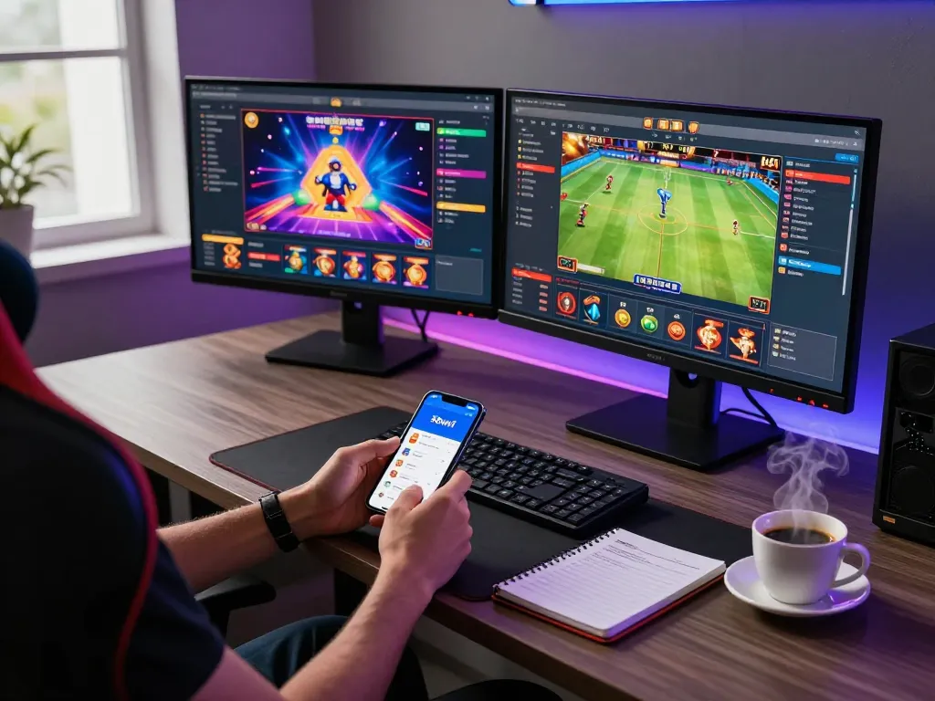 Engaged player exploring 58win1's online casino games on a dual monitor setup, showcasing vibrant interfaces and strategic planning tools.