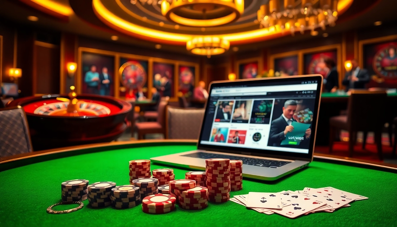 Engaging casino scene with poker chips and loto188.gb.net displayed on a laptop, highlighting the excitement of online gambling.