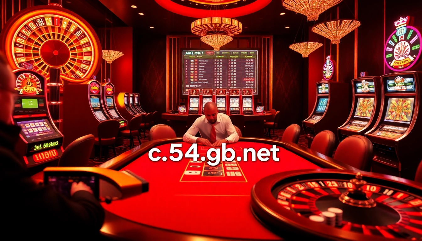 Experience thrilling gambling at c54.gb.net with an exciting scene of poker, roulette wheels, and slot machines.