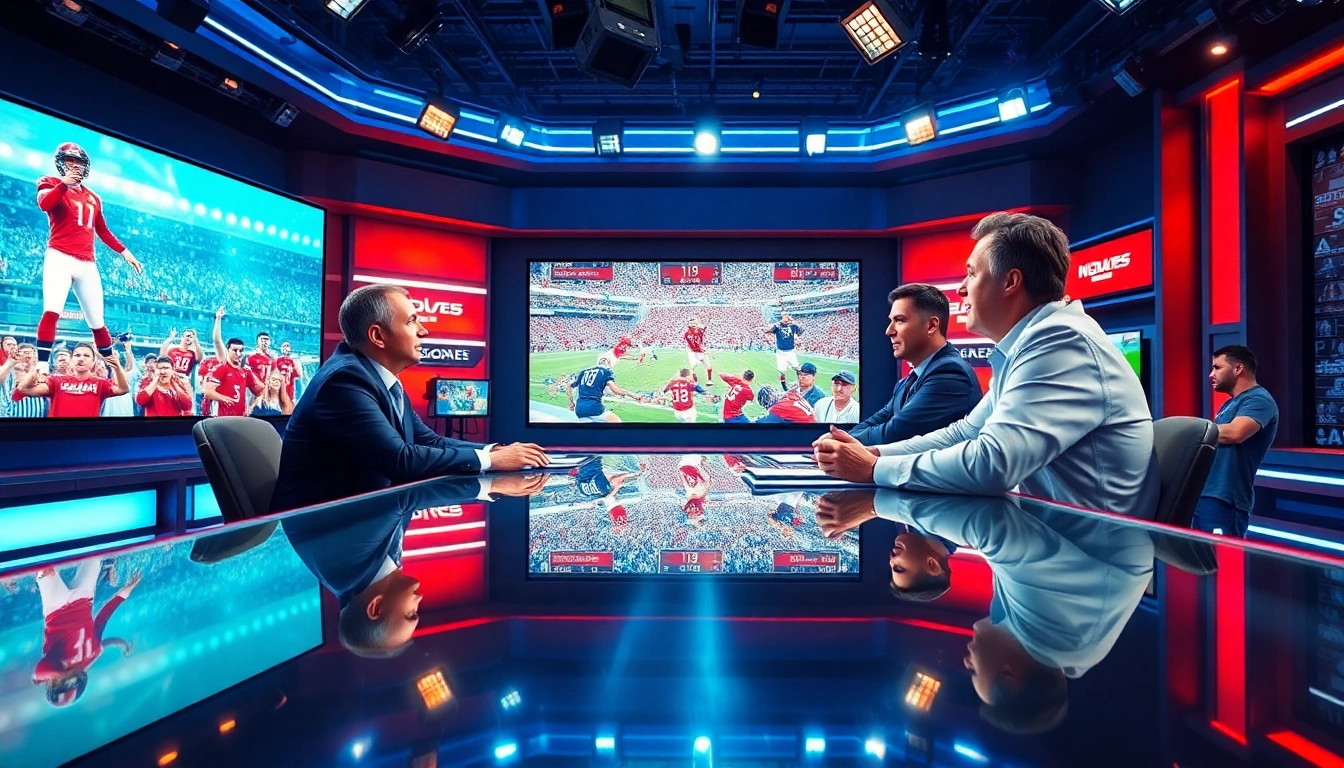 Professionals in a sports broadcasting studio analyze live sports events, showcasing dynamic interactions.