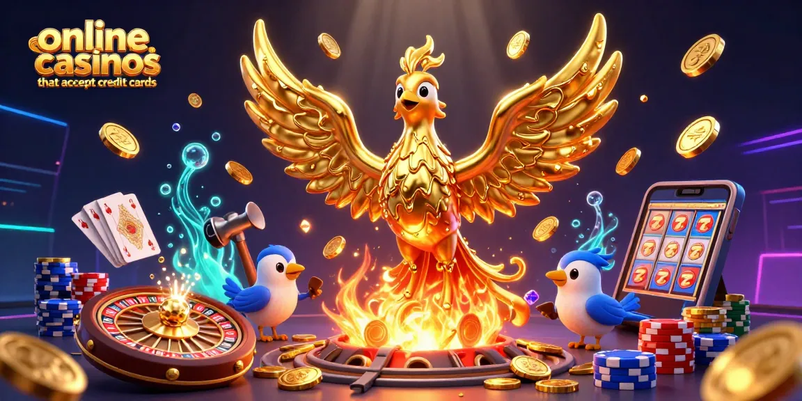 Experience the excitement of online casinos that accept credit cards, illustrated with a golden phoenix and dazzling games.