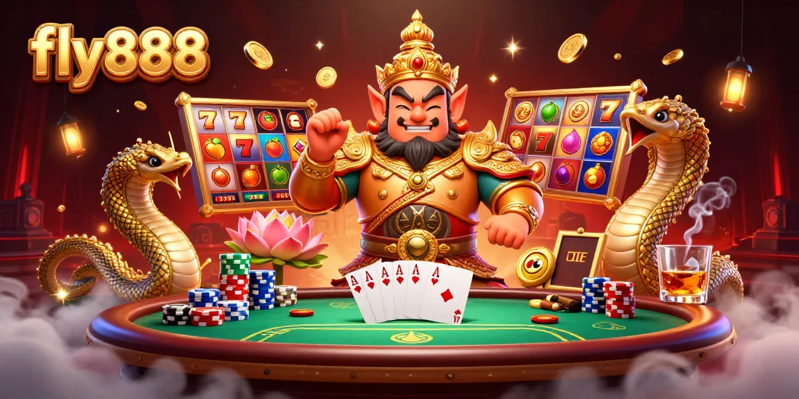 Experience thrilling games with fly888's dynamic 3D casino scene featuring exciting slot reels.