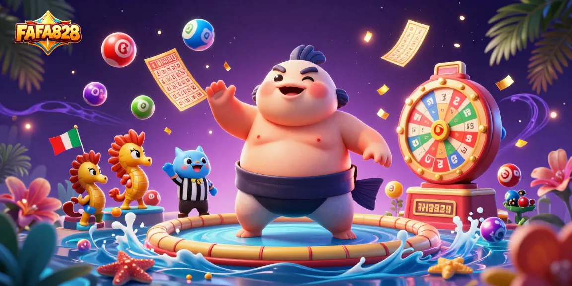 Experience exciting FAFA828 lottery fun with vibrant 3D characters amidst dynamic casino elements.